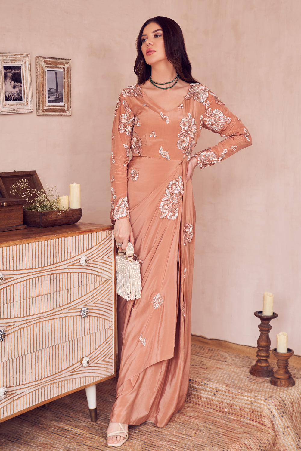 Diamond Dream Rose Gold Crepe Embellished Pearl V Neck Draped Gown