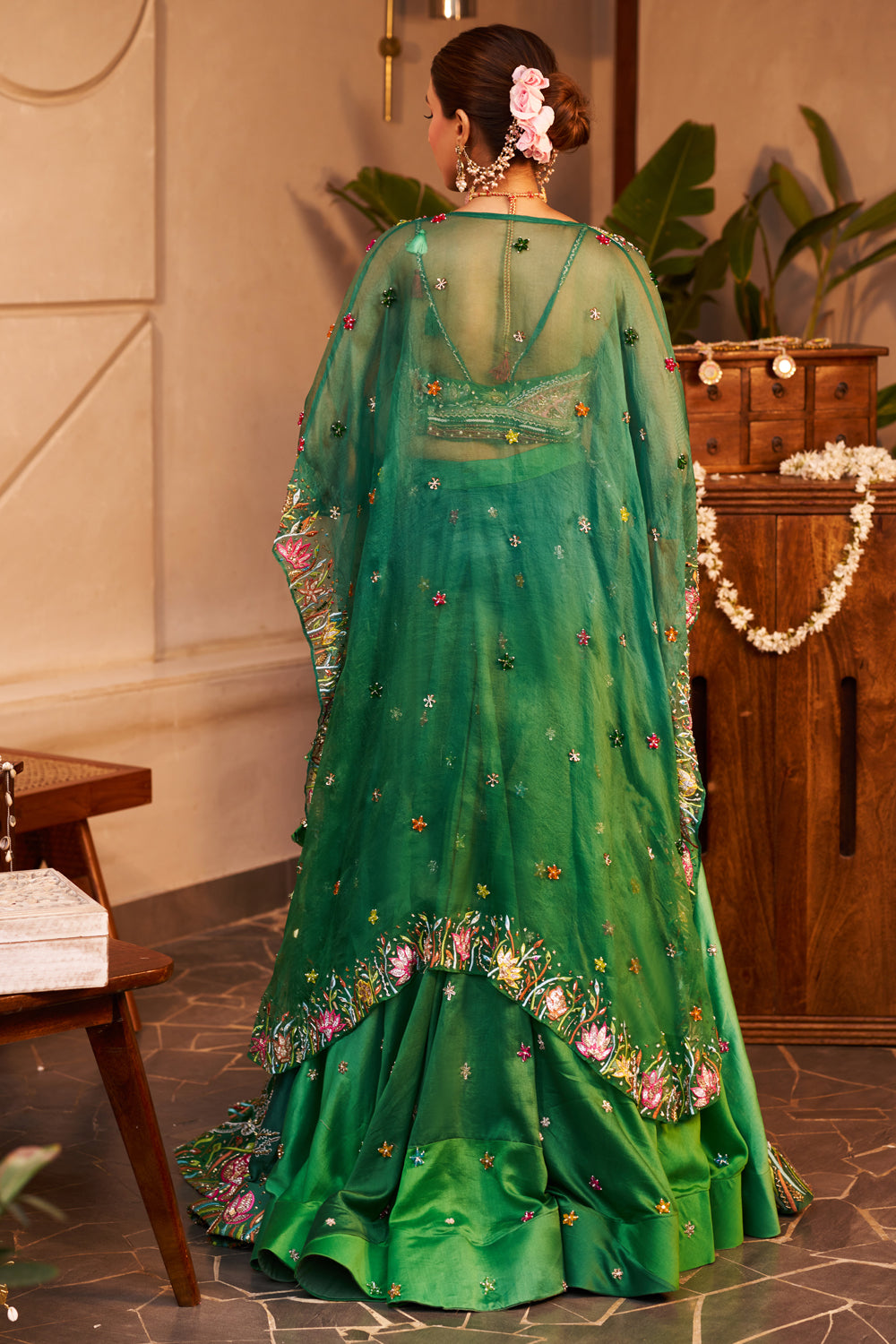 Urvashi Green Kora Organza Embellished & Embroidered Lehenga Set