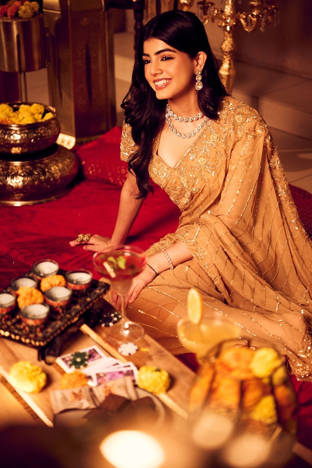 Golden Sunset Gold Georgette Embellished Cutdana Drape Saree with Blouse