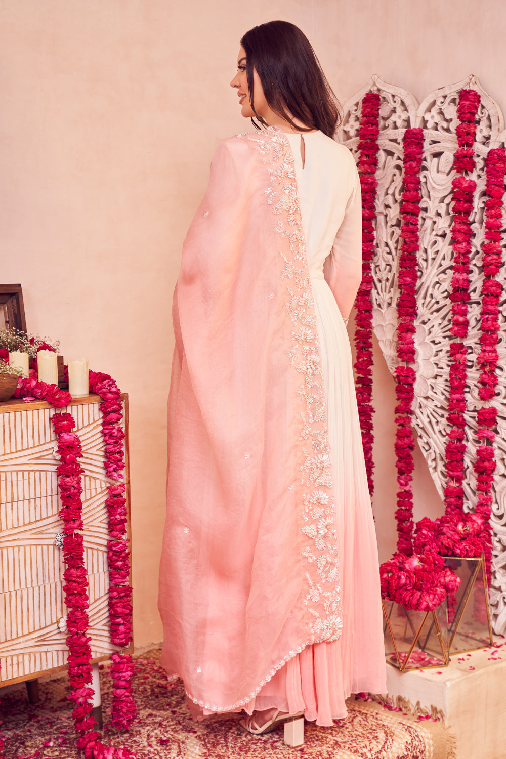 Cascading Cherry Anarkali Pink White Georgette Anarkali with Dupatta