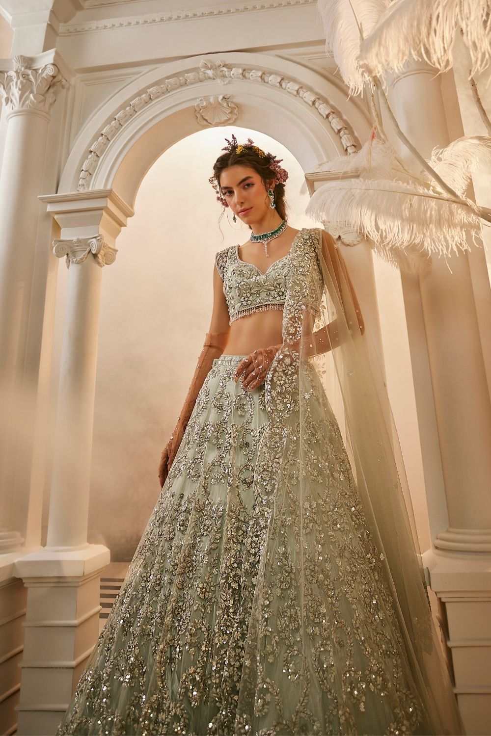 Artemis Mint Green Net Sequin Work Lehenga and Blouse with Dupatta