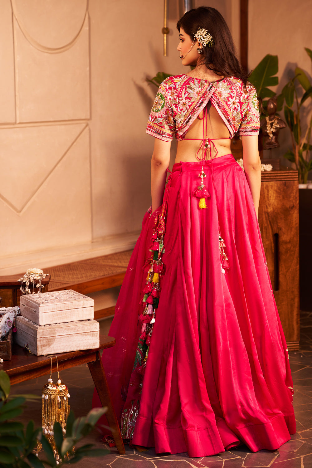 Arzoo Pink Kora Organza Palm Tree Embellishment & Embroidered Lehenga Set