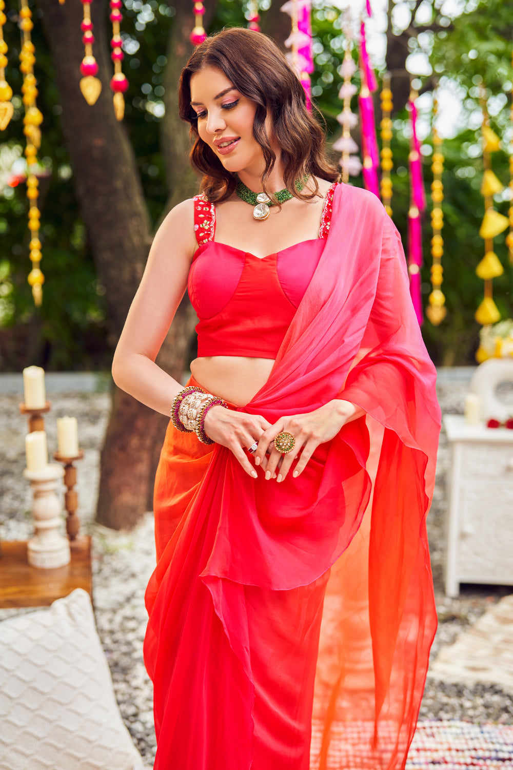 Blushing Ombre Red Viscose Organza Corset Blouse With Pre-Draped Saree