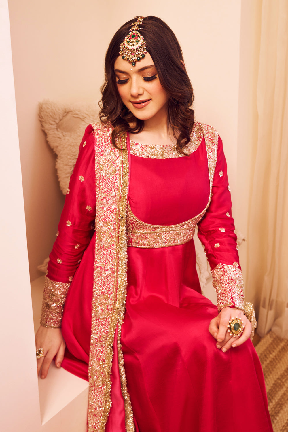 Meherbaan Pink Satin Silk Lining Shantoon Embroidery Ditsy Flora Anarkali Set