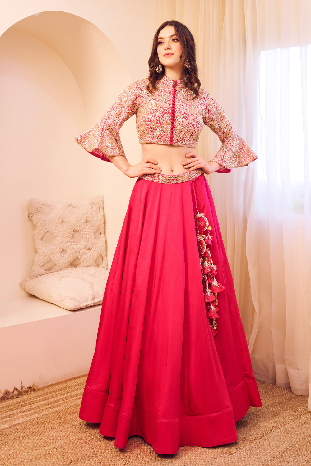 Masakali Pink Satin Silk Lining Shantoon Bloom Blouse With Lehenga