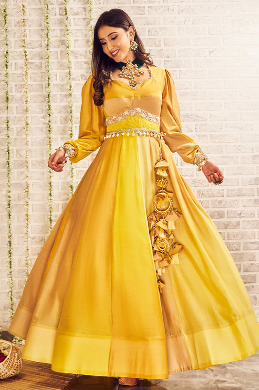 Shagna Ibadat Yellow Chanderi Anarkali