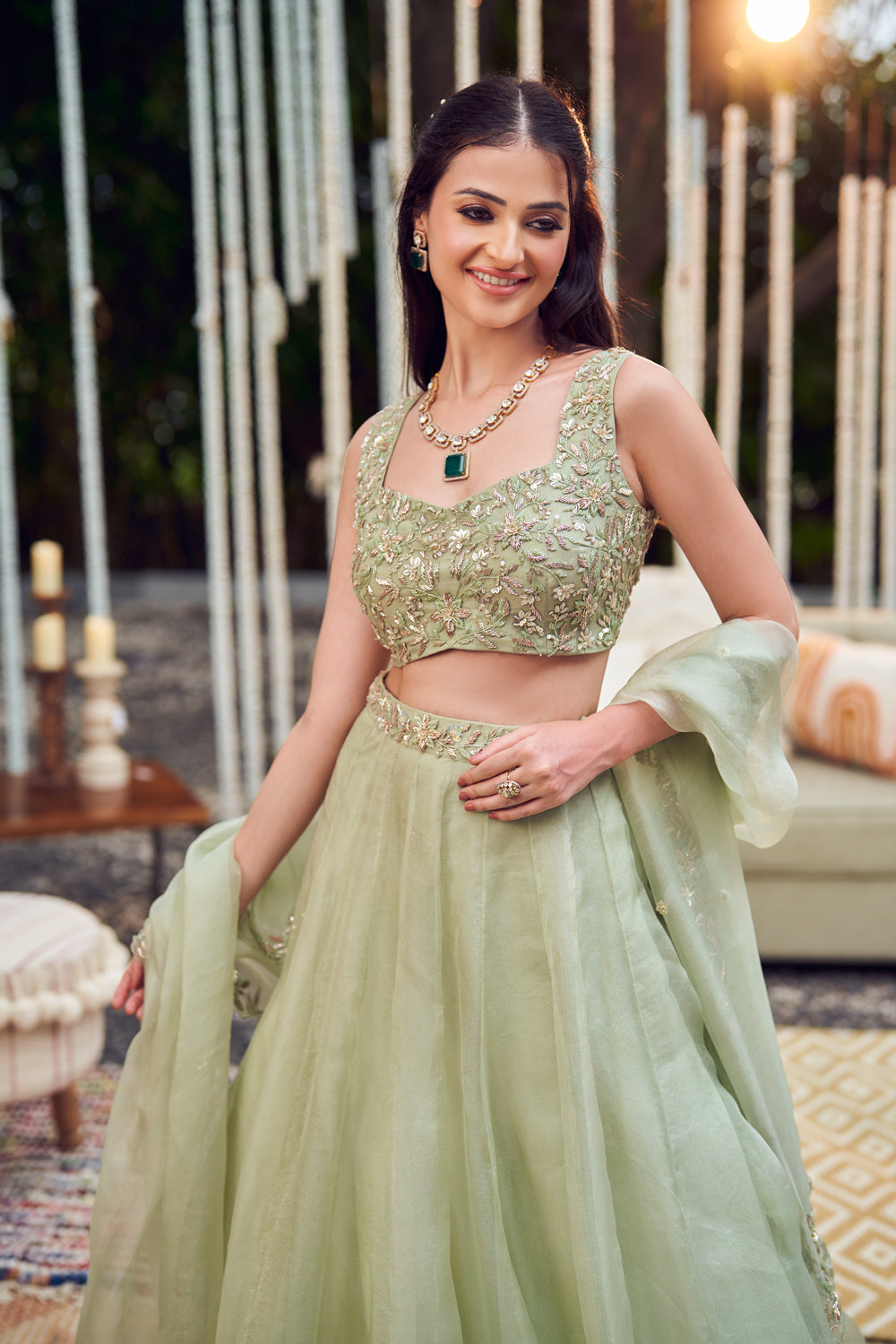 Lush Green Organza Lining Shantoon Flora Bloom Waistband Lehenga Set