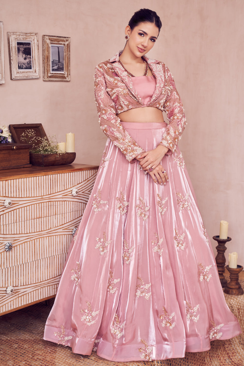 Cherry Blossom Pink Glass Organza Lining Shantoon Embroidery Blossom Era Jacket Lehenga Set