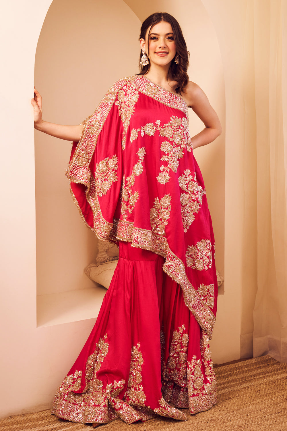 Swarna Hot Pink Satin Silk Lining Shantoon Embroidery Rooh Gulbahar Kaftan With Sharara