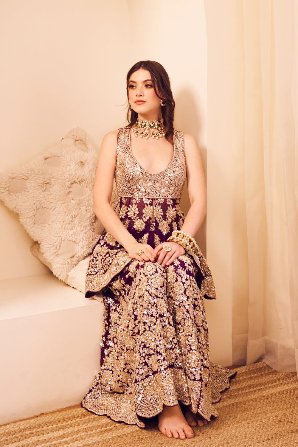 Rooh Purple Organza Lining Shantoon Embroidery Gul Peplum Kurti With Sharara