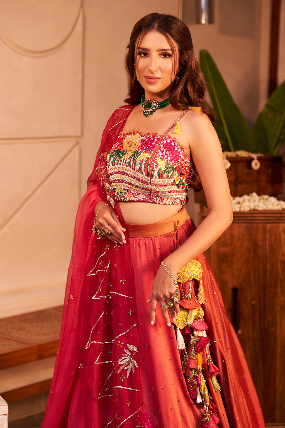 Gauhar Orange Kora Organza Lotus Square Embellishment & Embroidered Lehenga Set