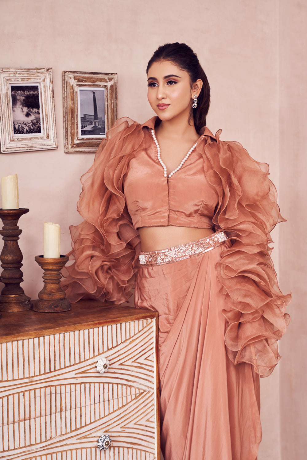 Silken Gleam Rose Gold Lining Shantoon Ruffle Sleeve Blouse With Skirt