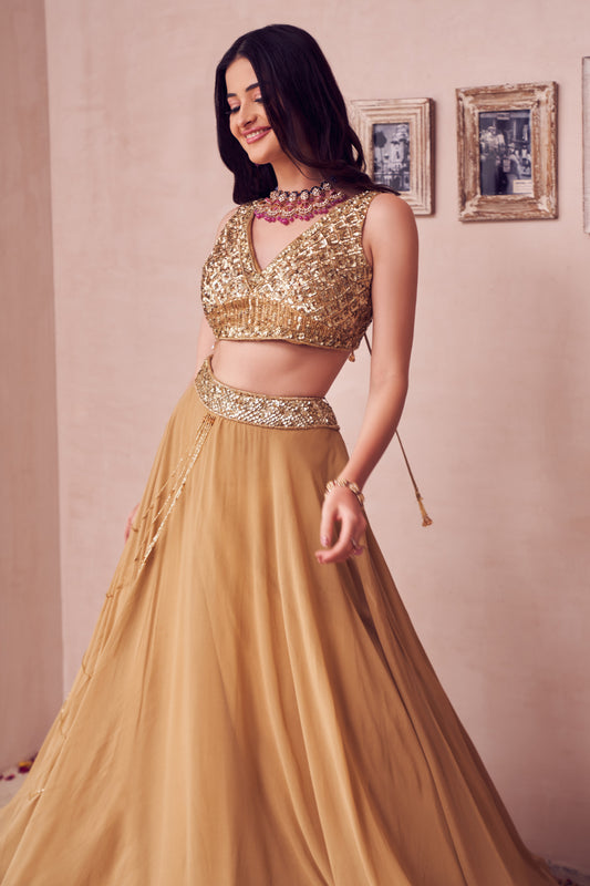 Majestic Marigold Gold Georgette Lining Marigold Layered Tassel Embellished Lehenga With Blouse