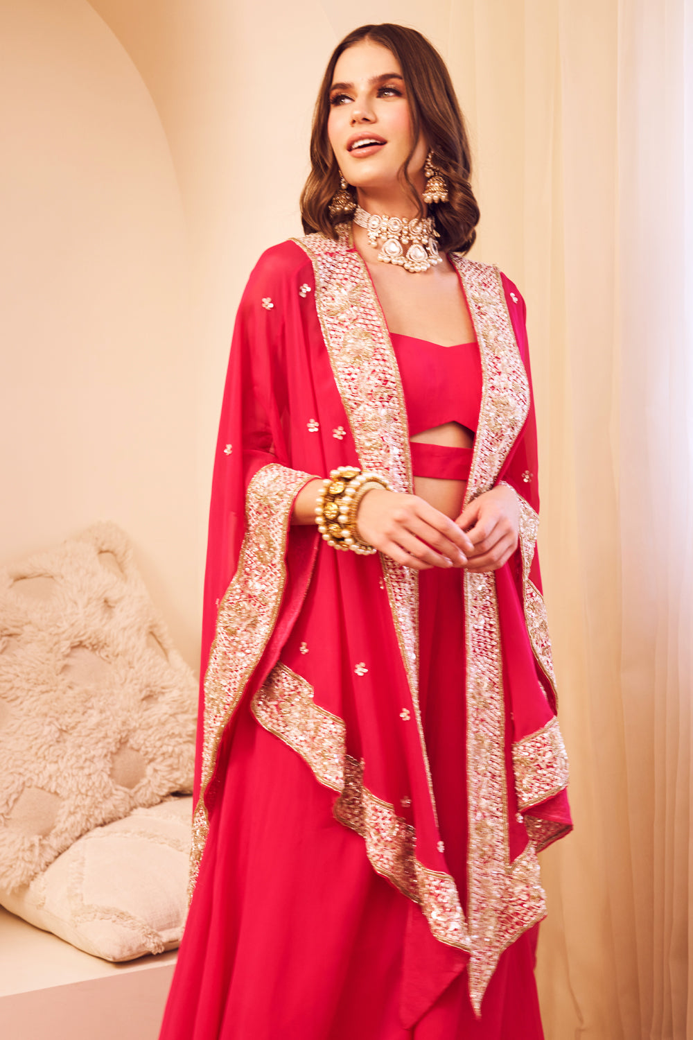 Mast Magan Pink Organza Lining Shantoon Embroidery Jashn Bahar Cape Set