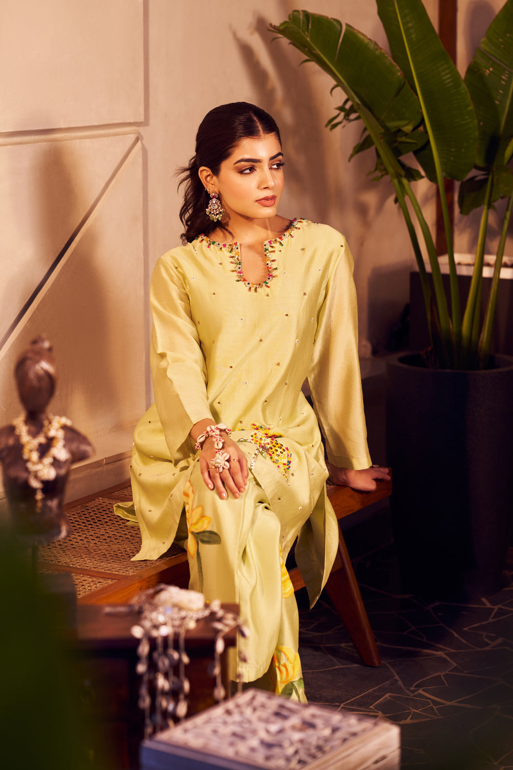 Lali Yellow Chanderi Embellished Sequin Floral Handpainted Kurta With Pant