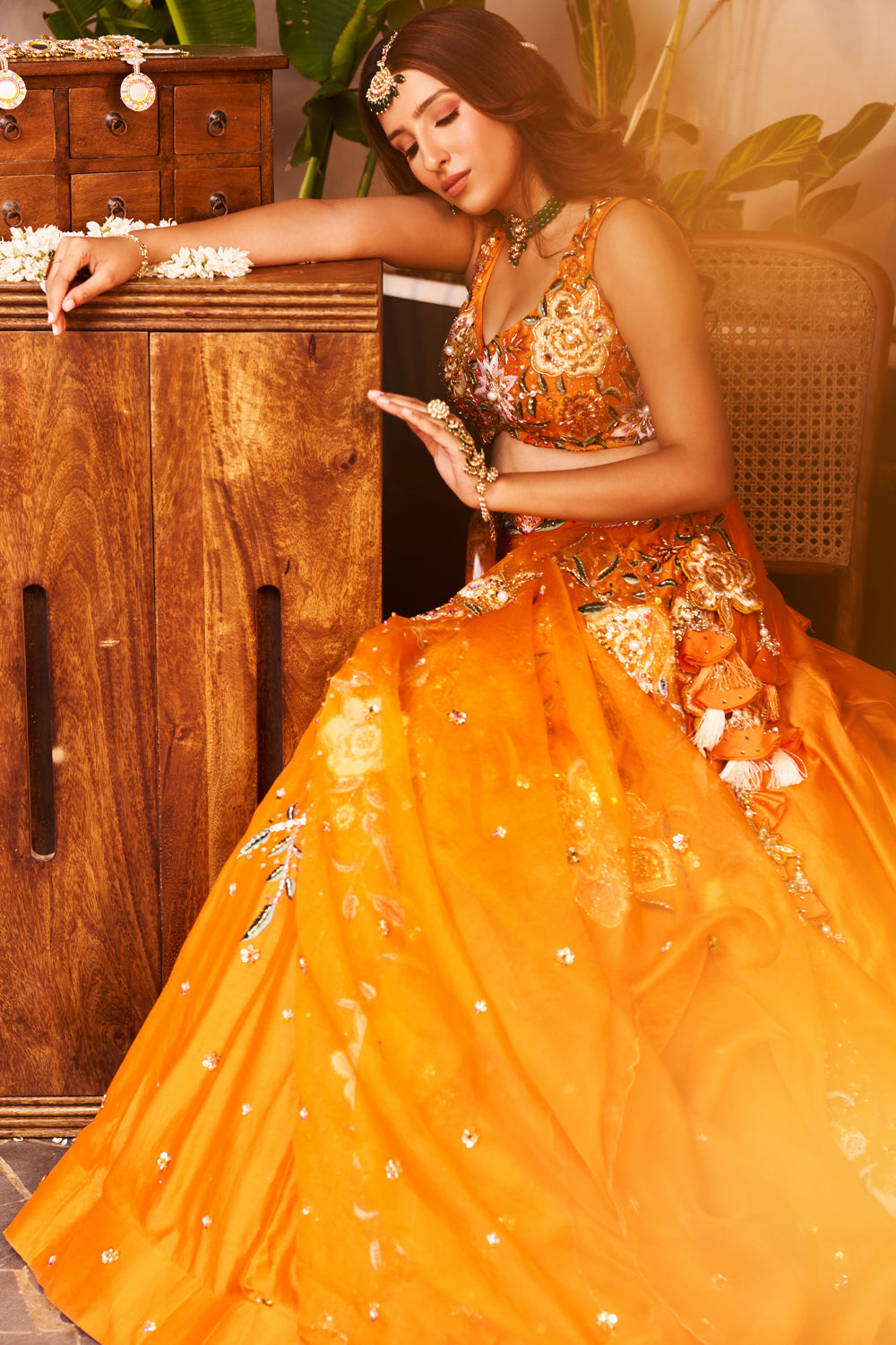 Shabnam Orange Kora Organza Embellished & Embroidered Kalidar Lehenga Set