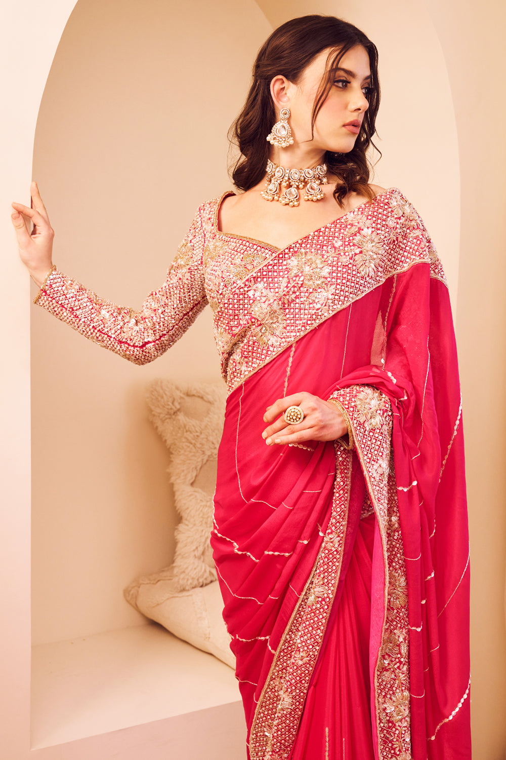 Riyaaz Pink Organza Lining Shantoon Phool Jaal Border Saree With Blouse