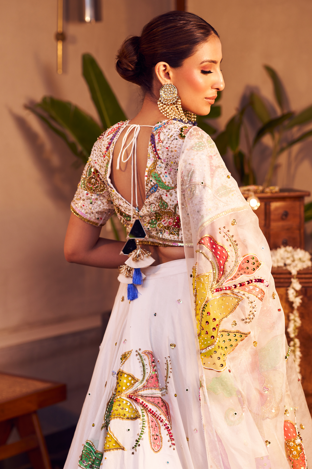 Rukmini Ivory Kora Organza Embellished & Painted Lehenga Set