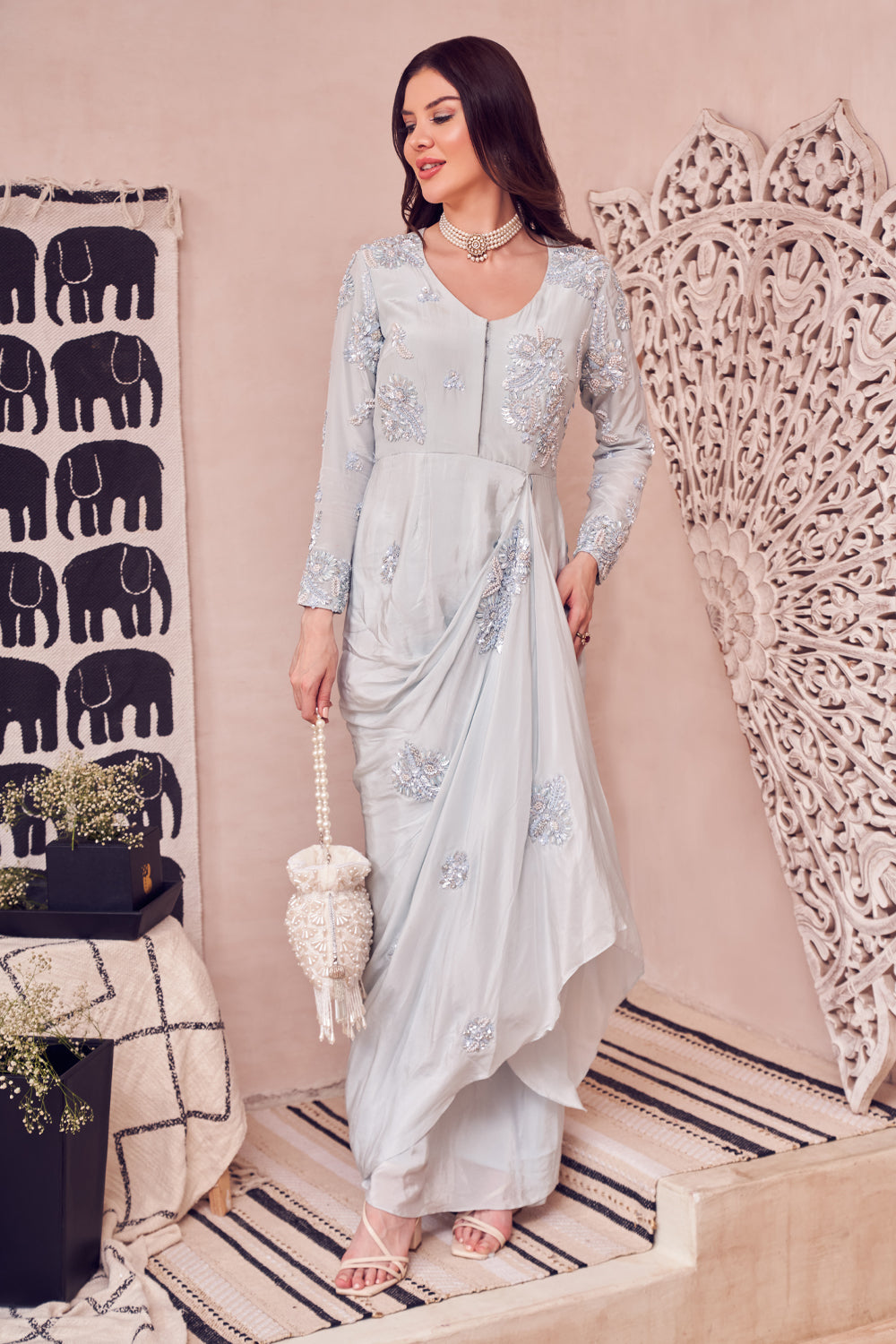 Icy Azure Blue Crepe Hand Embellished Pearls Round Draped Gown