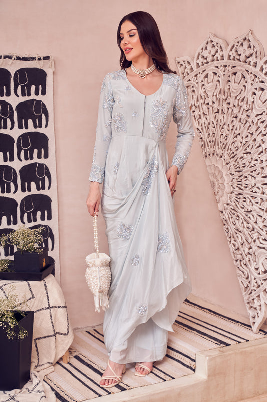 Icy Azure Blue Crepe Hand Embellished Pearls Round Draped Gown