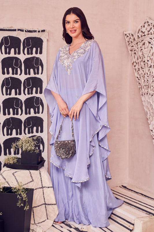 Lilac Love Affair Crepe Embellished Bootis V-Neck Kaftan With Flared Pant