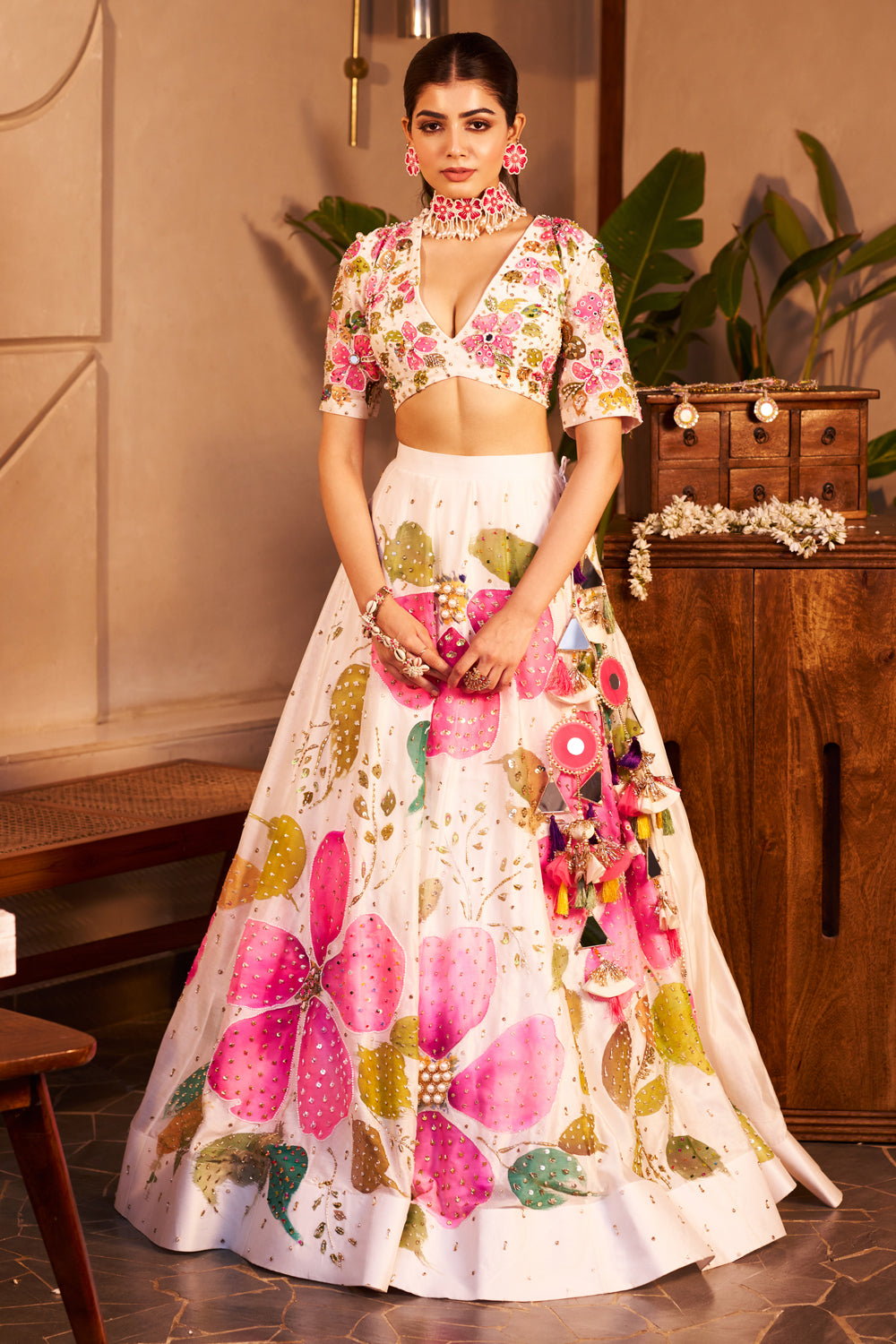 Naina Ivory Chanderi Embellished Floral Plunge V-Neck Handpainted Lehenga Set