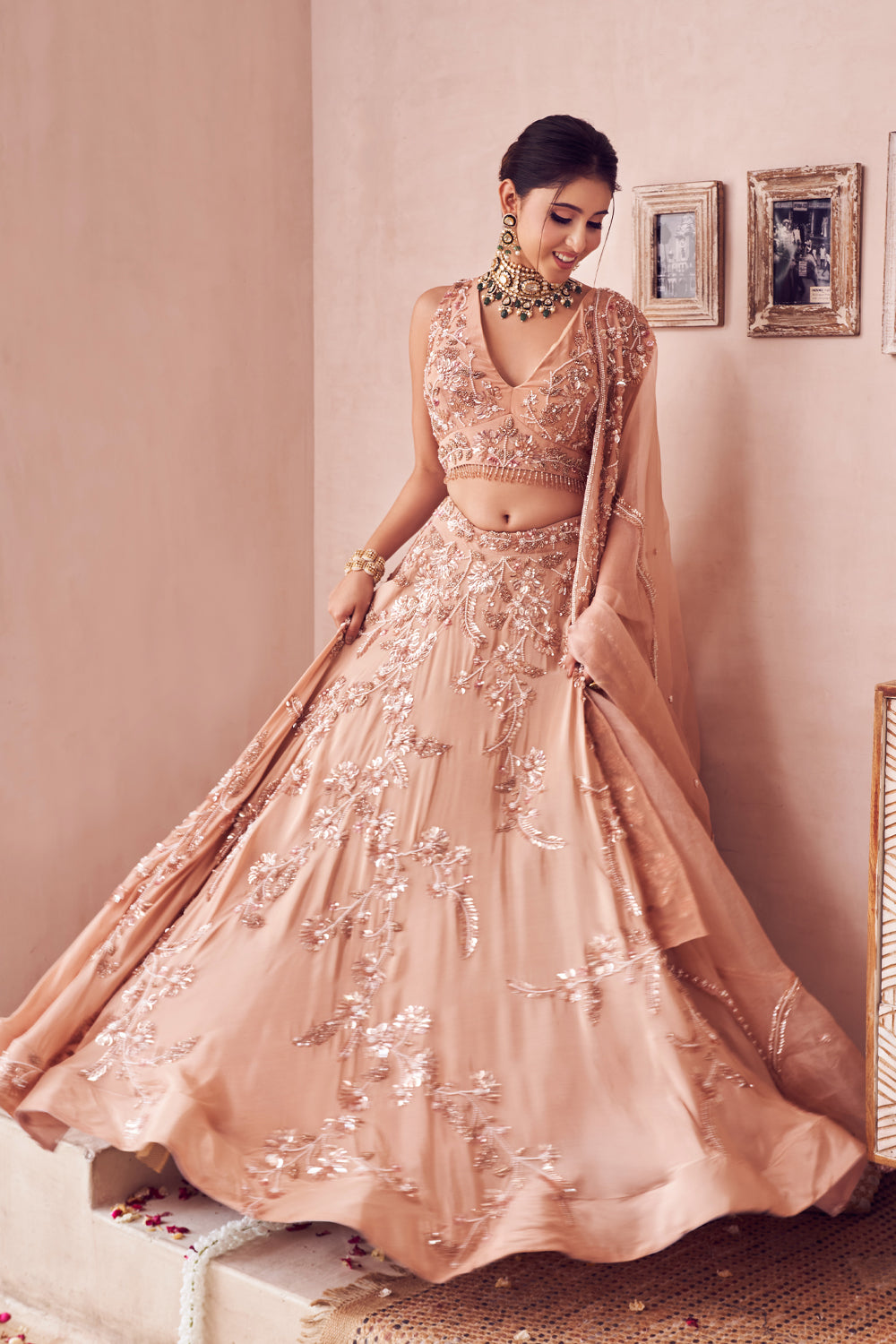 Gold Haze Rose Gold Organza Embroidery Sequin V Neck Haze Fleur Bridal Lehenga Set