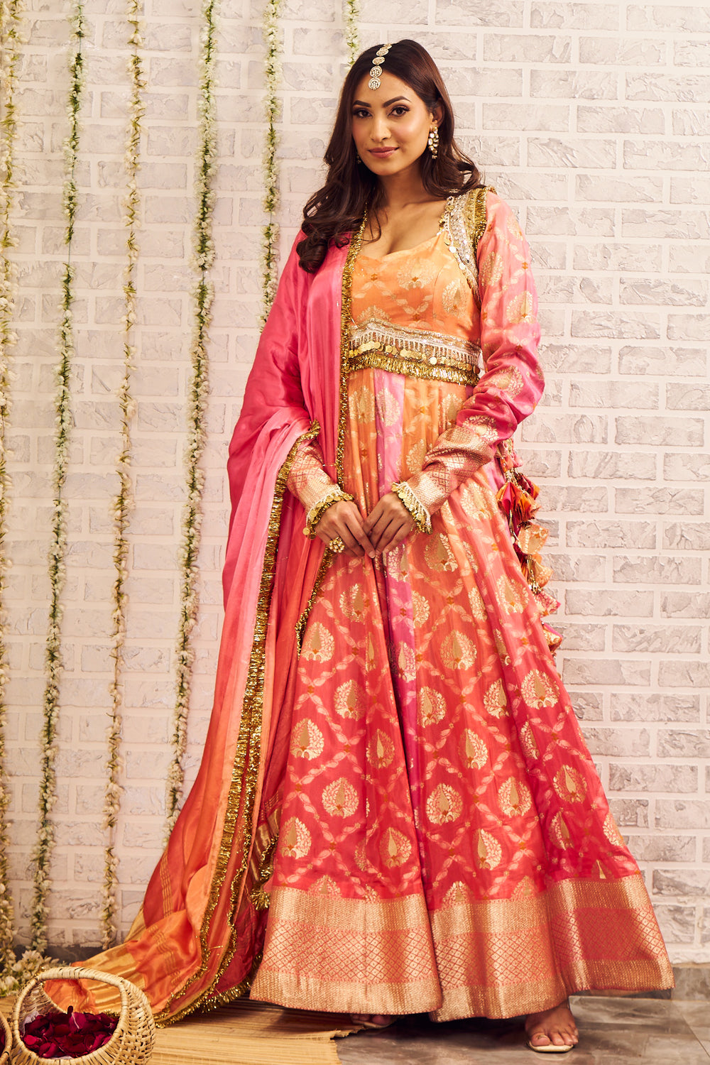 Shagna Inayat Orange Pink Banarasi Anarkali with Dupatta
