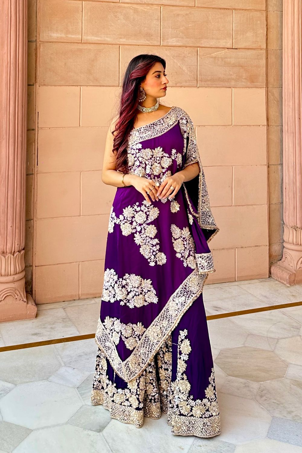 Swarna Purple Satin Silk Lining Shantoon Embroidery Rooh Bahar Kaftan With Sharara