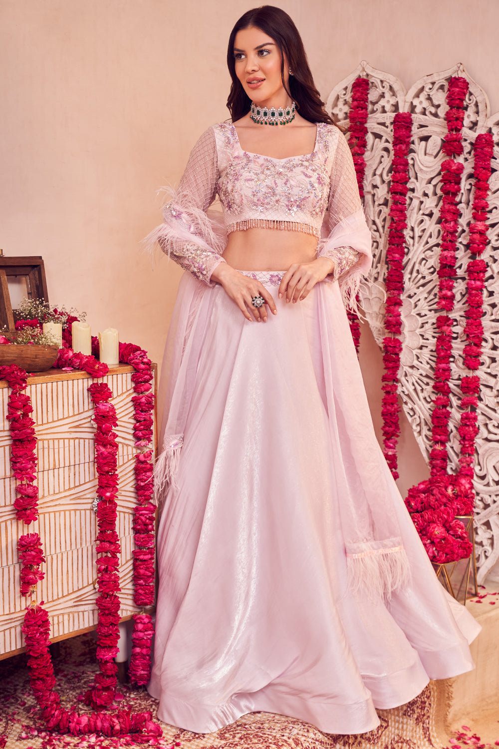 Lustrous Pink Lehenga Paper Satin Organza Lehenga Set with Blouse