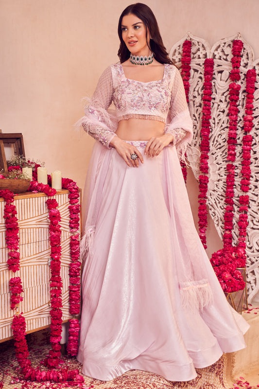 Lustrous Pink Lehenga Paper Satin Organza Lehenga Set with Blouse