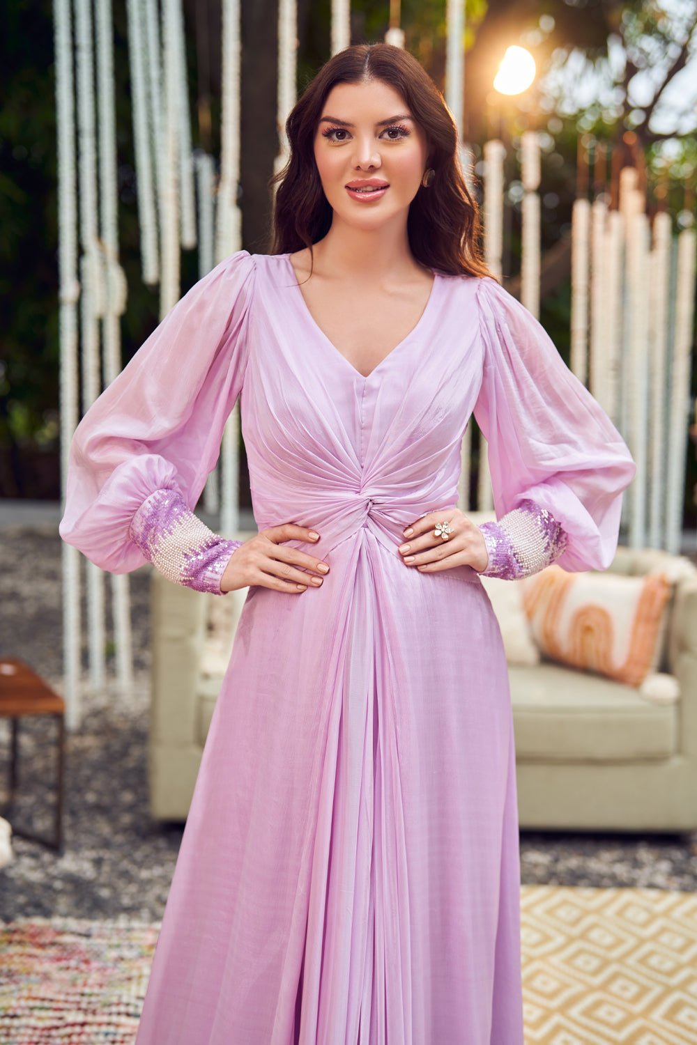 Pastel Purple Georgette Lining Shantoon Embroidery Sequin Gathered Front Knotted Gown