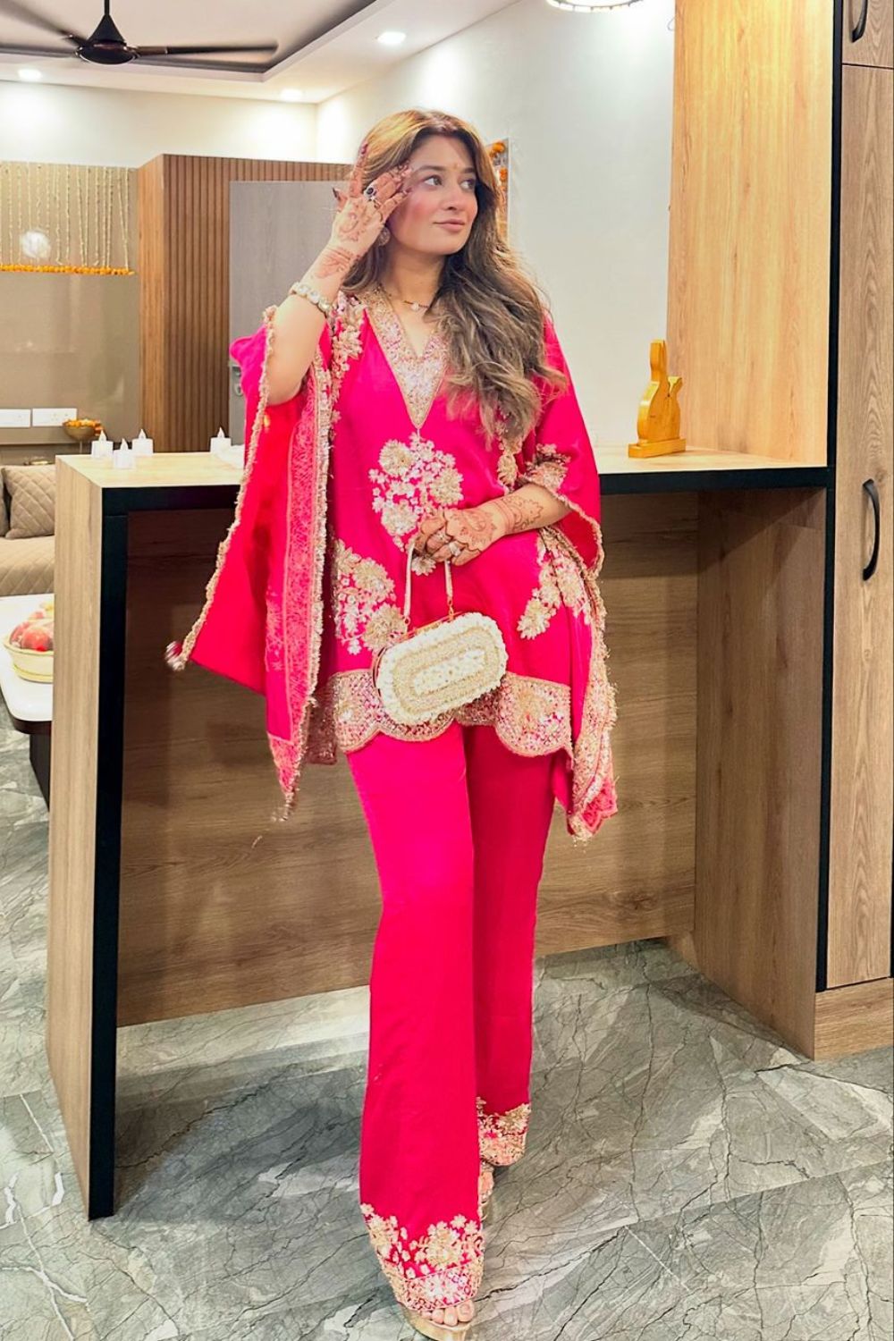 Ritika Bhandari in Seher Hot Pink Satin Silk Lining Shantoon Gullistta Bloom Kaftan With Pant