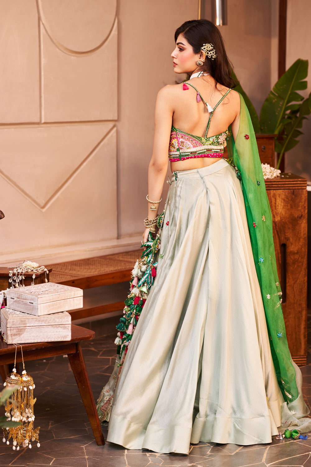 Mumtaaz Green Kora Organza  Embellished & Embroidered Lehenga Set