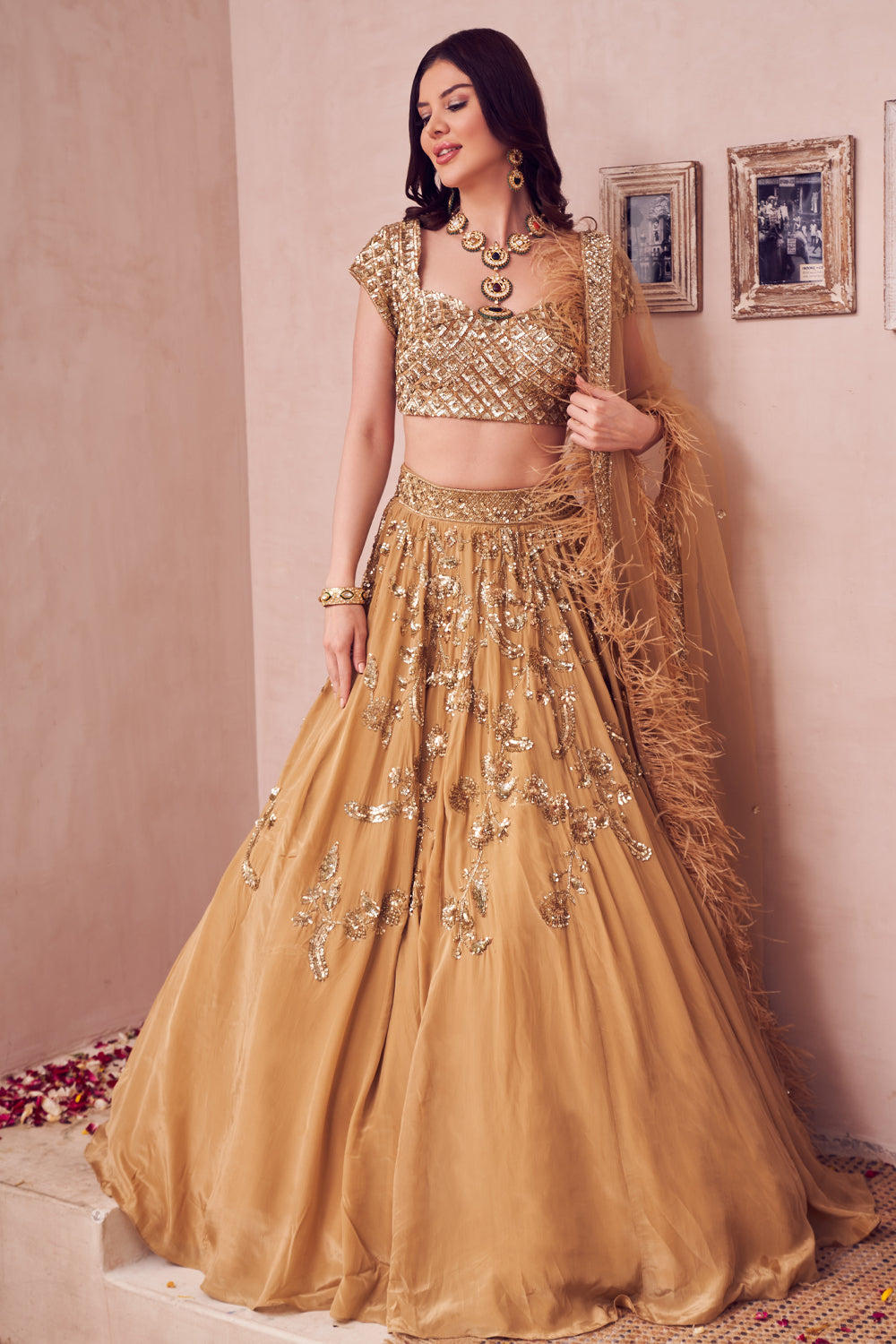 Gold Rust Net Embroidery Sequin Sweetheart Neck Bloomy Ambrosia Bridal Lehenga Set