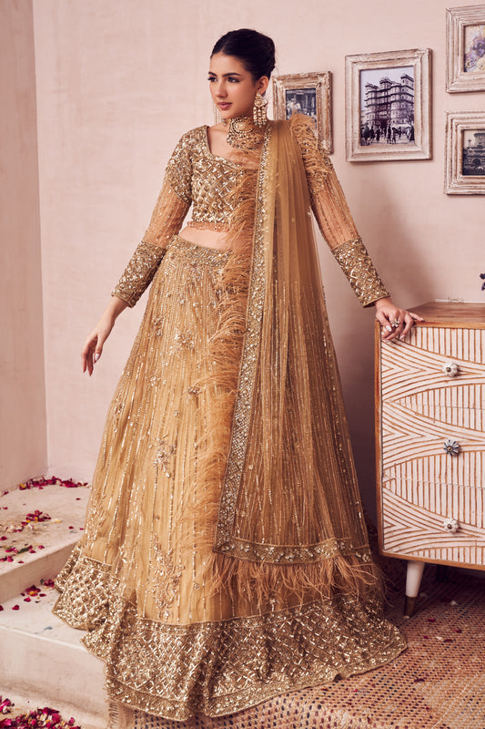 Dripping Gold Net Lining Shantoon Embroidery Sequin Bridal Lehenga Set