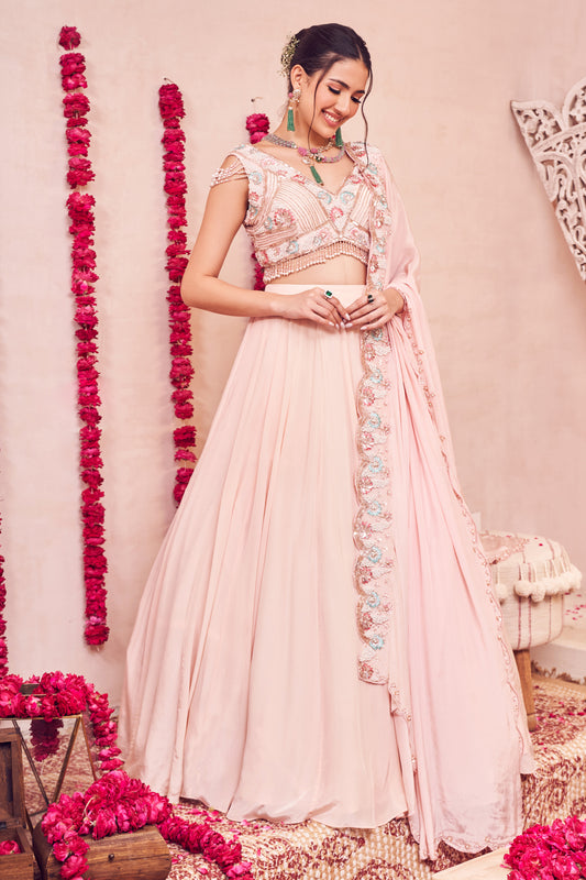 Posh Peach Lehenga Crepe Embellished Lehenga Set with Blouse
