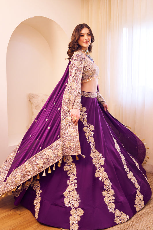 Nyra Purple Satin Silk Lining Shantoon Embroidery Sequin Ambrosia Lehenga Set