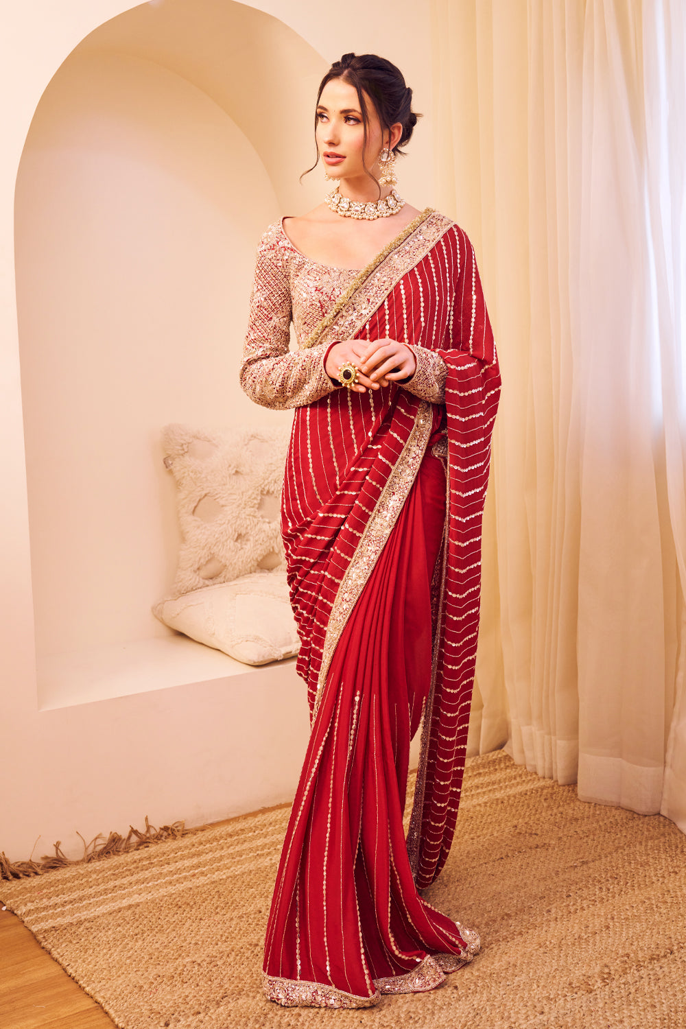 Riyaaz Maroon Organza Lining Shantoon Gullista Bahar Border Saree With Blouse