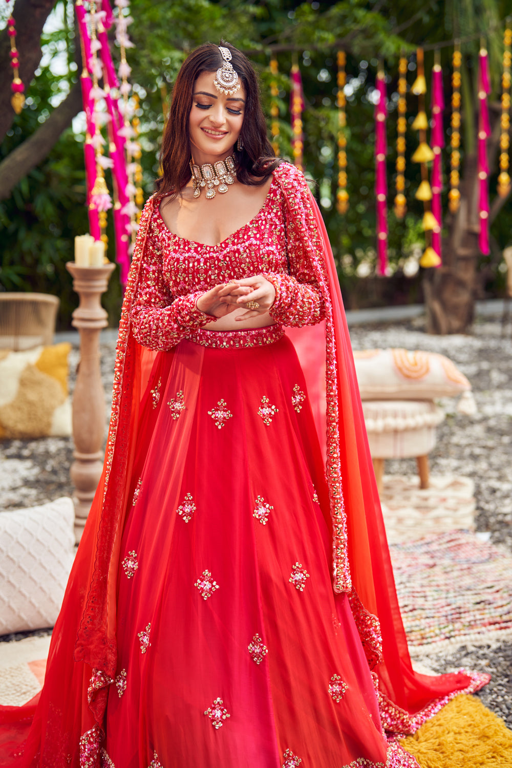 Sunset Ombre Red Viscose Organza Embroidery Crystals Leaf Cutdana Lehenga Set