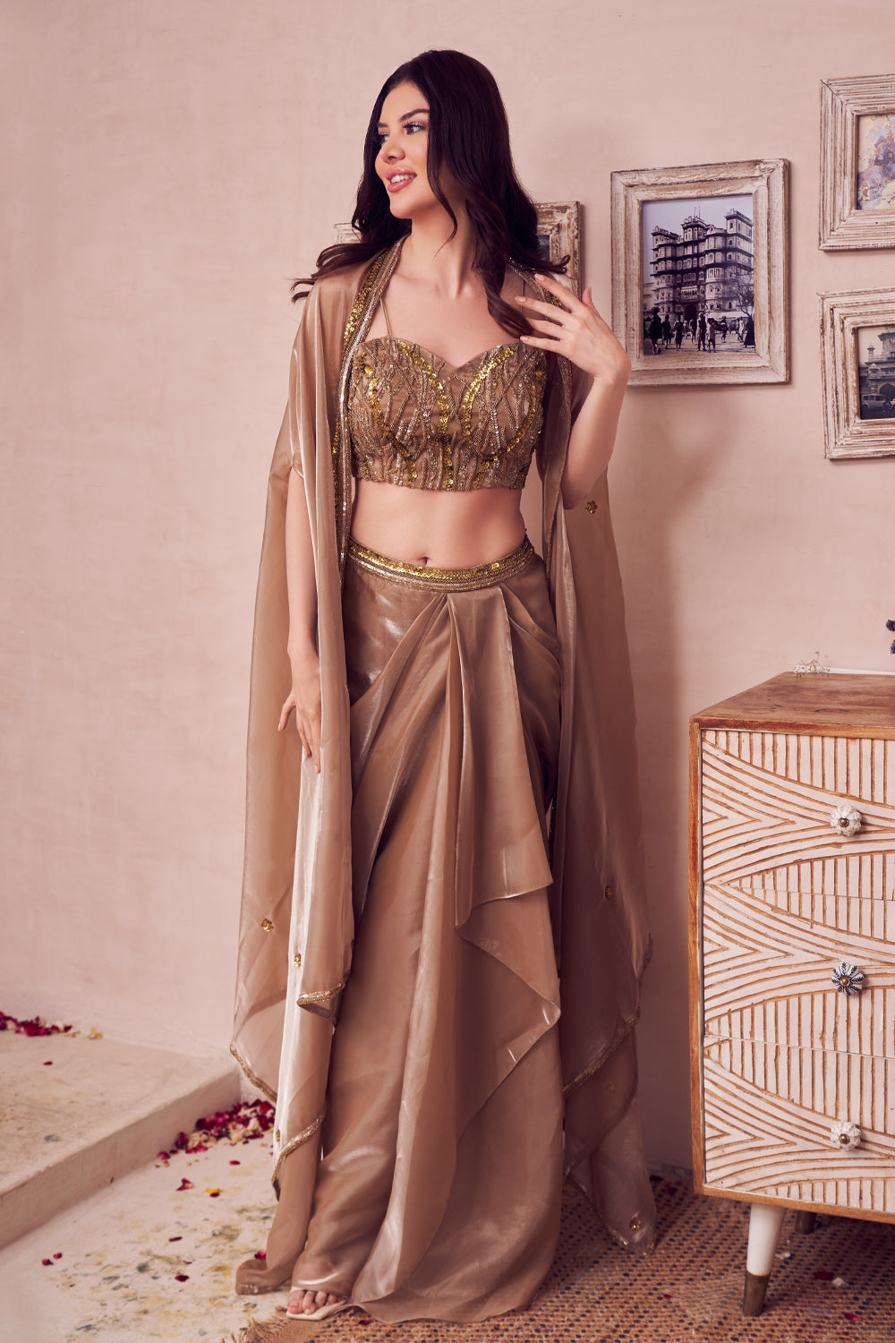 Allure Gold Glass Organza Lining Shantoon Bloom Cape Draped Skirt Set