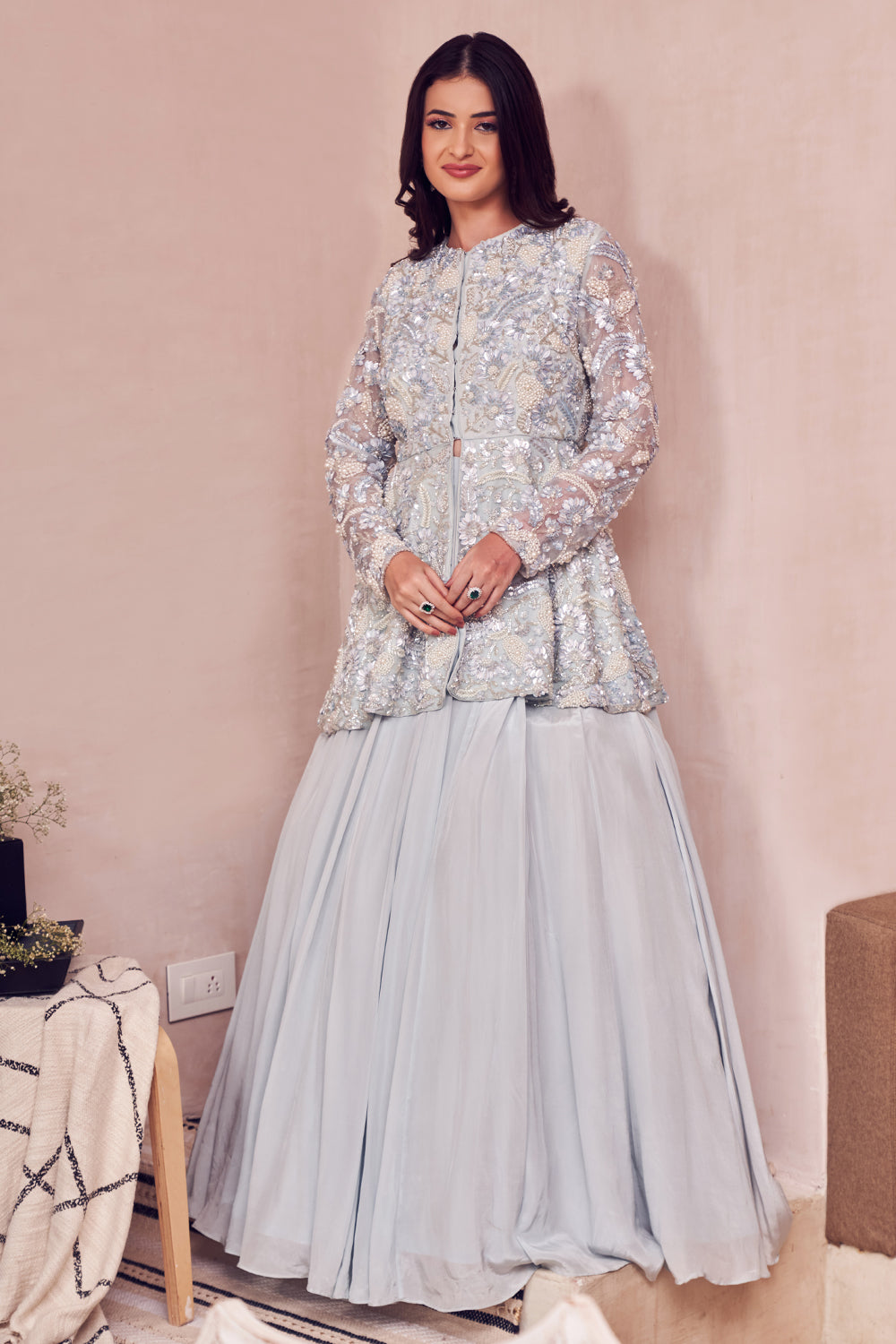 Gossamer Sky Blue Crepe Hand Embellished Pearls Closed Peplum Kurta With Lehenga