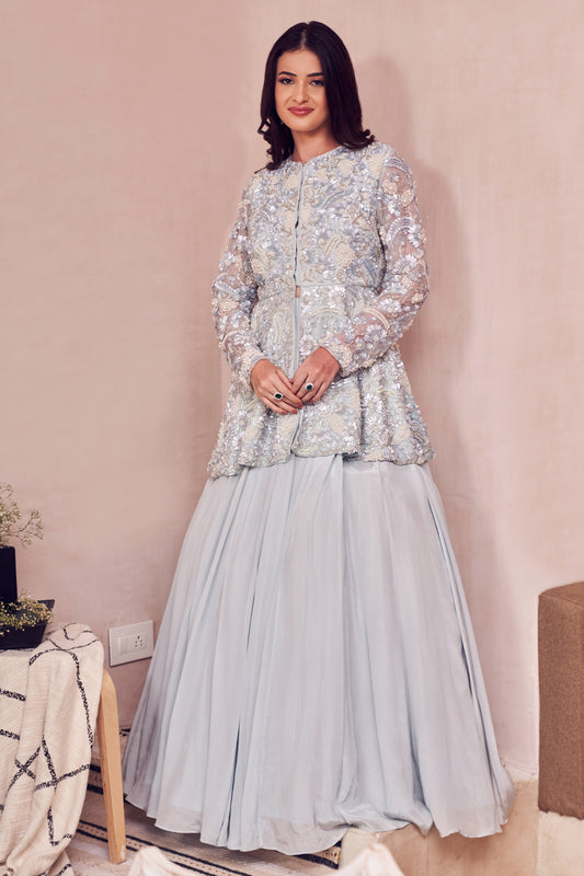Gossamer Sky Blue Crepe Hand Embellished Pearls Closed Peplum Kurta With Lehenga
