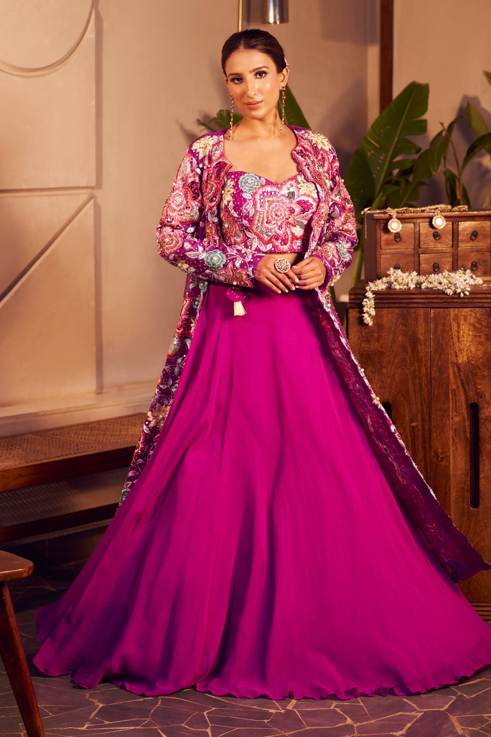 Radha Purple Georgette Embroidered Lehenga Set With Floral Patchwork Jacket