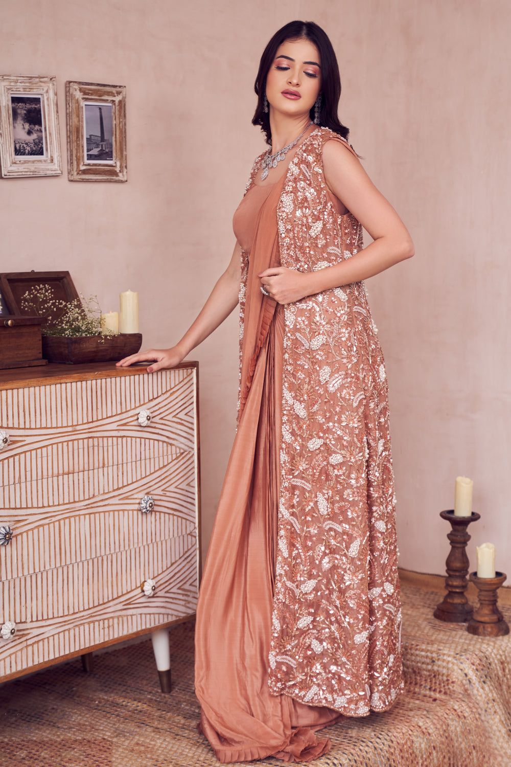 Gilded Rose Gold Lining Shantoon Embellished Pre-Draped Saree With Jacket