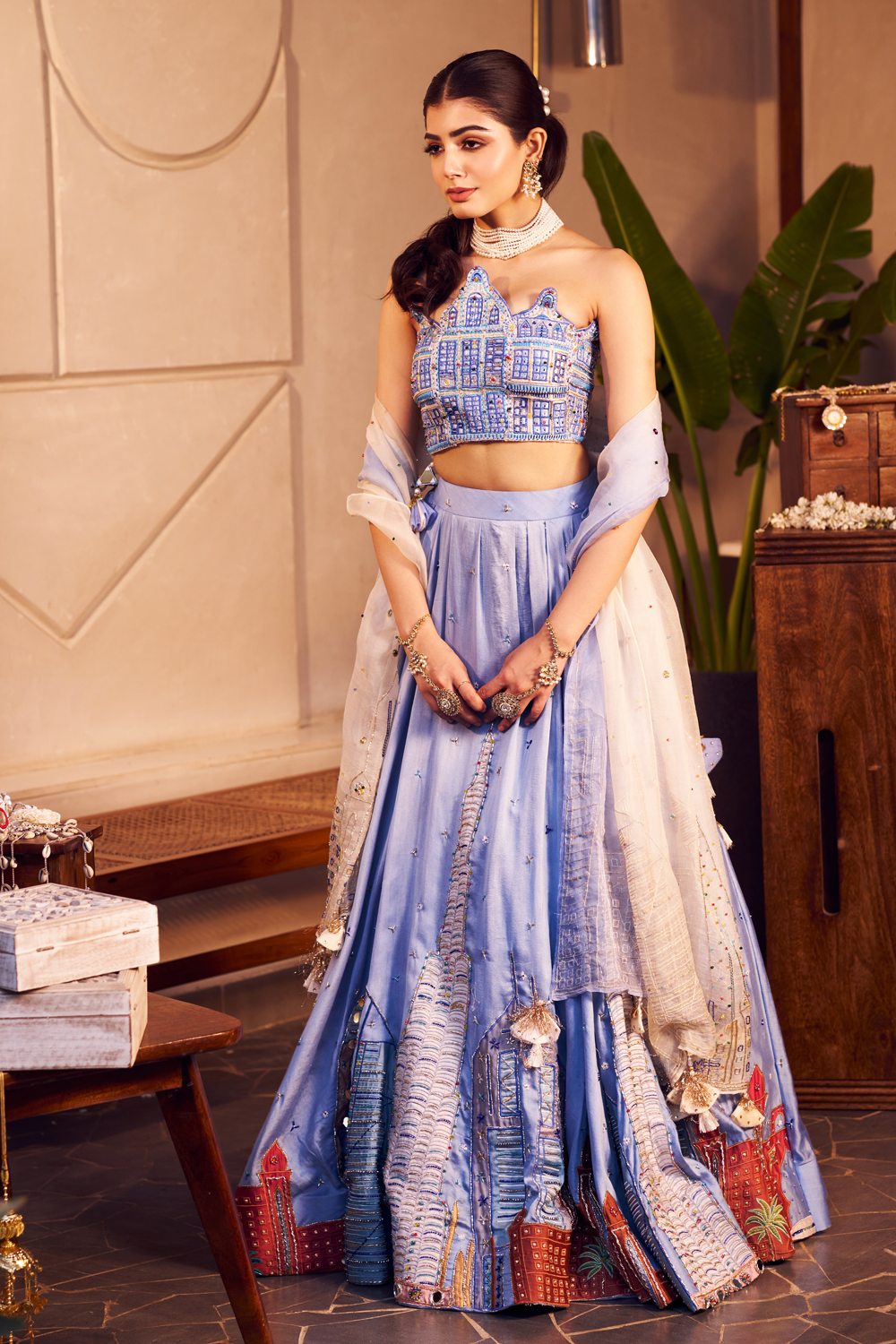 Ila Purple Chanderi Embroidered Thread Cut-Out Patchwork Lehenga Set