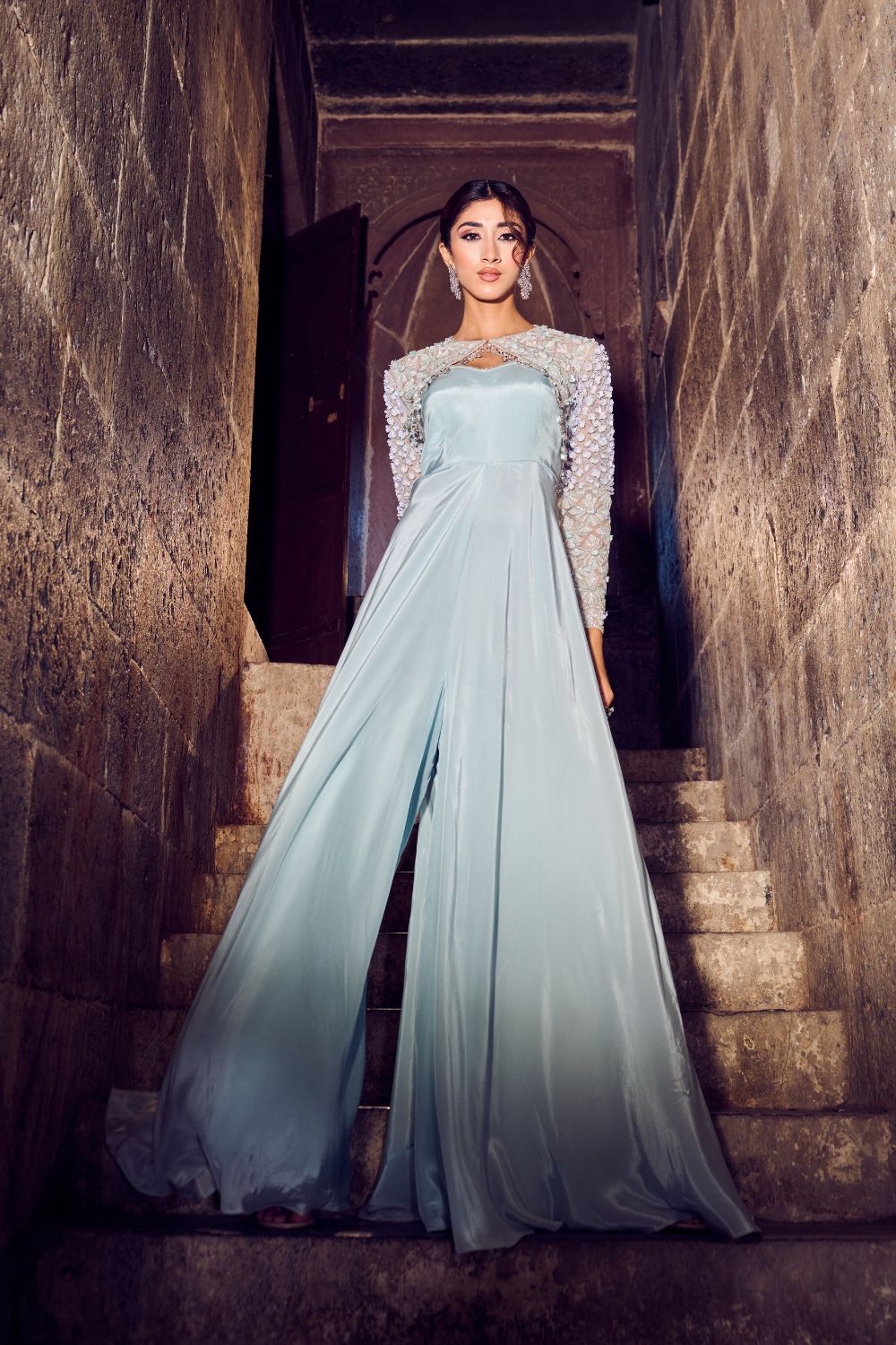 Swanlight Powder Blue Embellished Crepe Gown