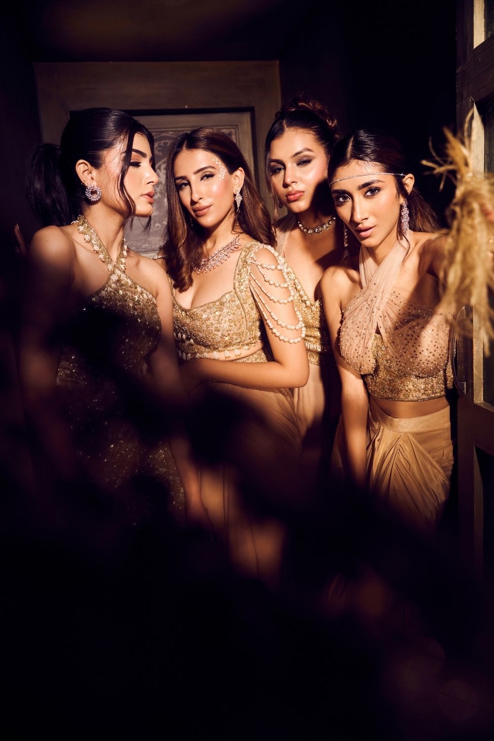 Selene Rushed Halter Neck Net Blouse with Pure Crepe Dhoti Skirt