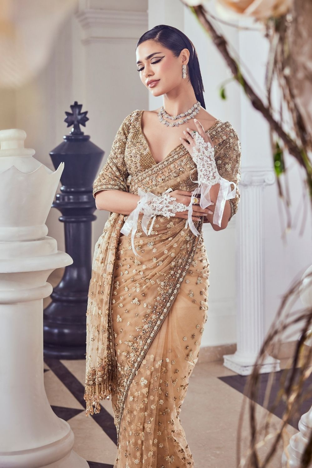 Rowena Beige/Gold Hand Embellished Net Saree Set With Plunge Neckline