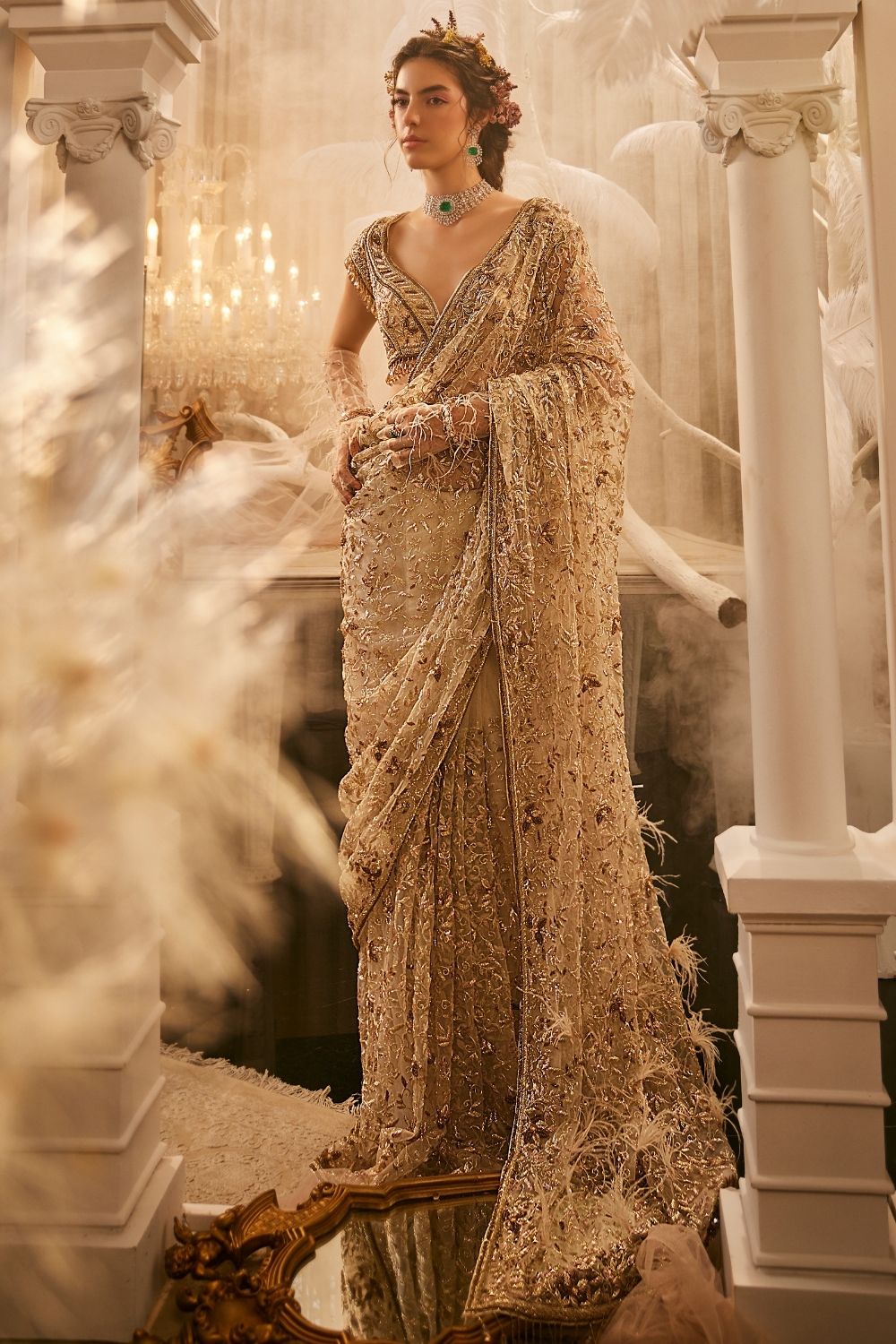 Ceres Ivory Embellished Net Saree and Blouse